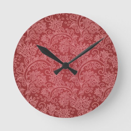 Red Paisley Damask Designer Floral Classic Round Clock