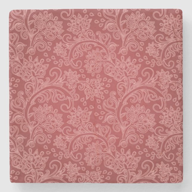 Red Paisley Damask Designer Floral Classic Stone Coaster (Front)