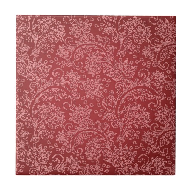 Red Paisley Damask Designer Floral Classic Tile (Front)