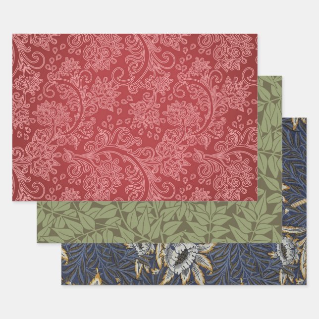 Red Paisley Damask Designer Floral Classic Wrapping Paper Sheets (Set)
