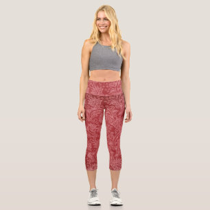 Red Paisley Damask Designer Floral Vintage Classic Capri Leggings