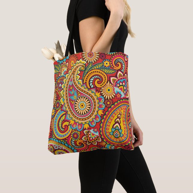 Red Paisley Design Tote Bag (Close Up)