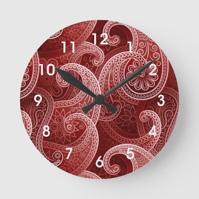 Red Paisley Exotic Pattern Round Clock (Front)