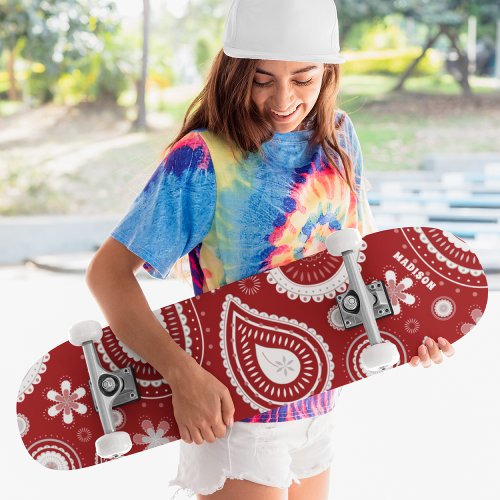 Red Paisley Floral Custom Personalized Name Skateboard