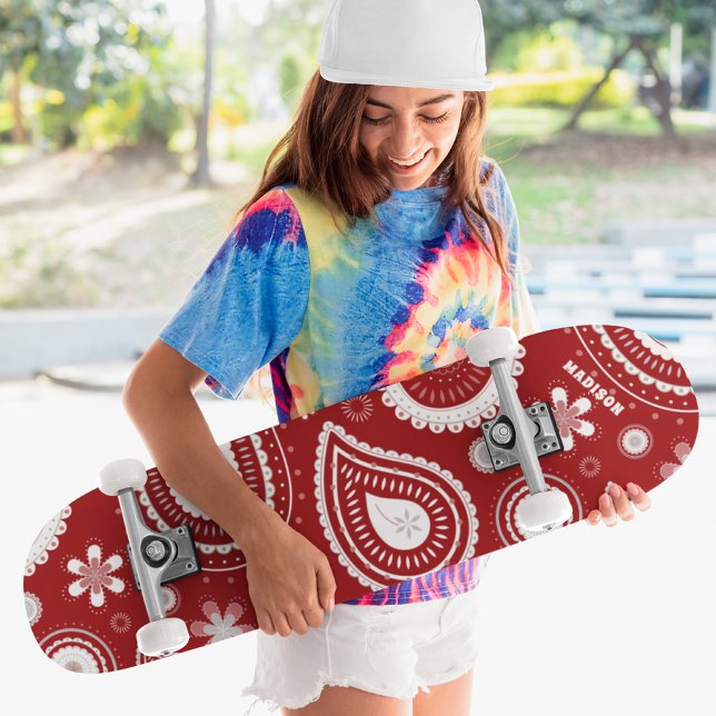 Red Paisley Floral Custom Personalized Name Skateboard (Creator Uploaded)