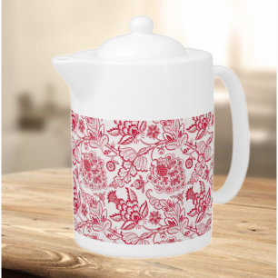 Red Paisley Floral Elegant Vintage-Inspired Teapot