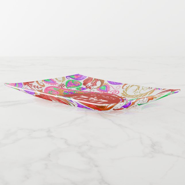 Red Paisley Hebrew Fused Glass Challah Plate Tray (Angled)