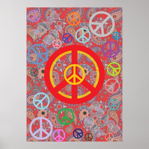 Red Paisley Peace Poster
