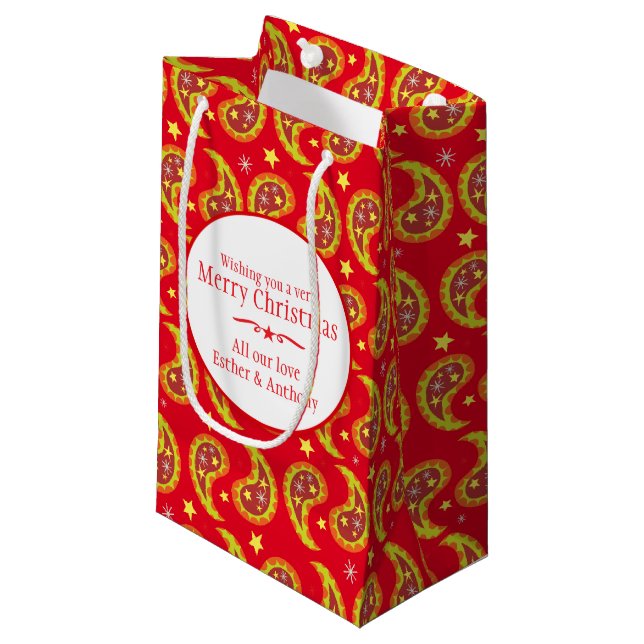 Red paisley personalized Christmas gift bags (Front Angled)
