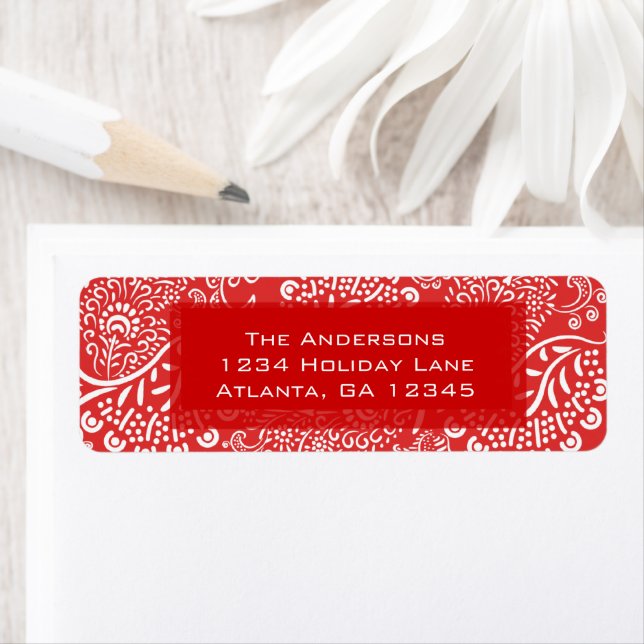 Red Paisley Swirls Return Address Label (Insitu)