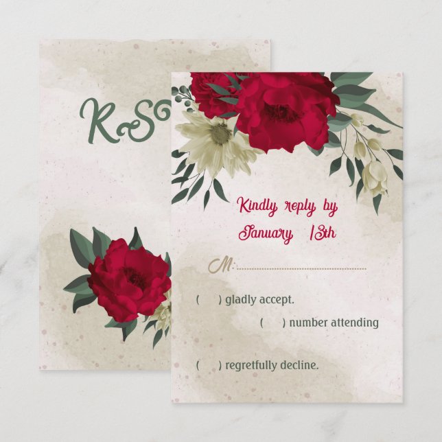 red pale yellow flowers botanical wedding  RSVP card (Front/Back)