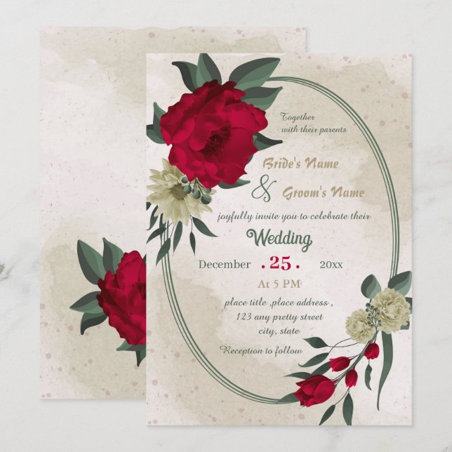 red pale yellow flowers geometric wedding  invitation (Front/Back)
