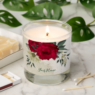 red & pale yellow flowers greenery scented candle