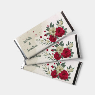 red pale yellow flowers wedding hershey bar favors
