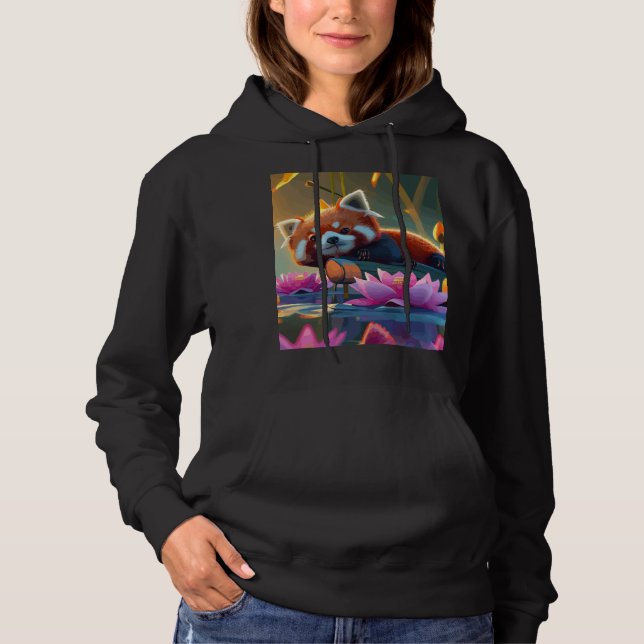 Red pand laying on a log in lotus pond hoodie (Front)
