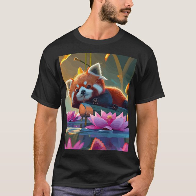 Red pand laying on a log in lotus pond T-Shirt (Front)