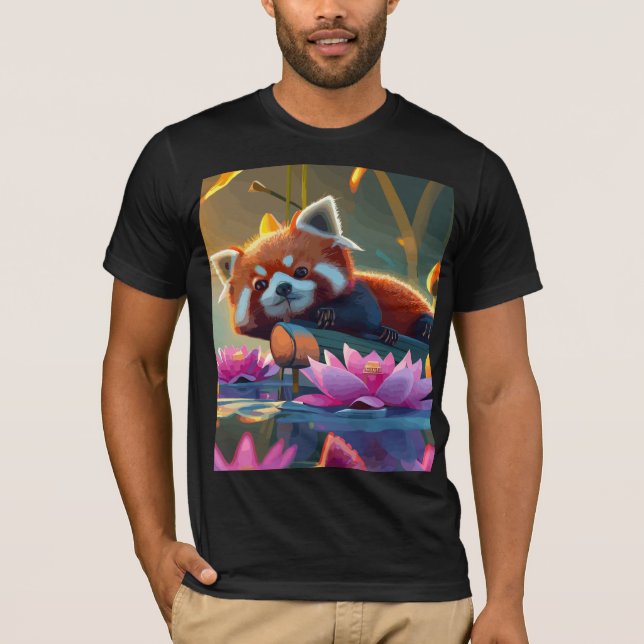 Red pand laying on a log in lotus pond T-Shirt (Front)