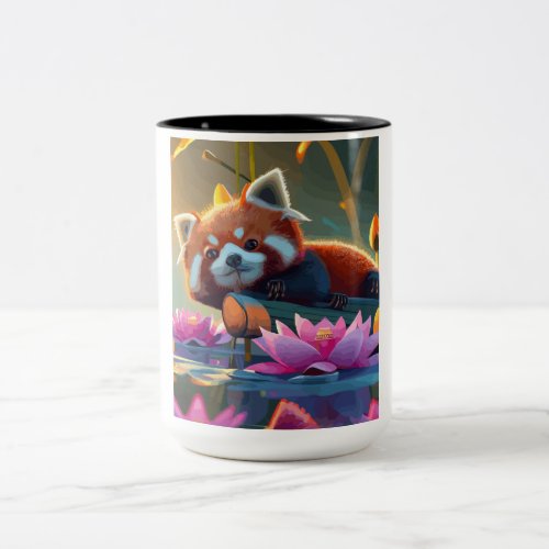 Red pand laying on a log in lotus pond Two_Tone coffee mug