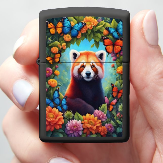 Red Panda Among Flowers Zippo Lighter (In Hand)