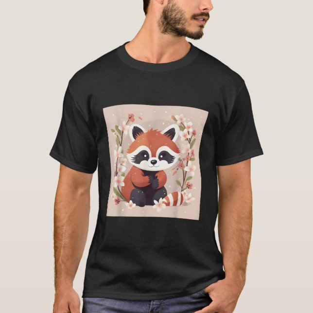 Red Panda And Cherry Blossom Illustration Sweet Wa T-Shirt (Front)