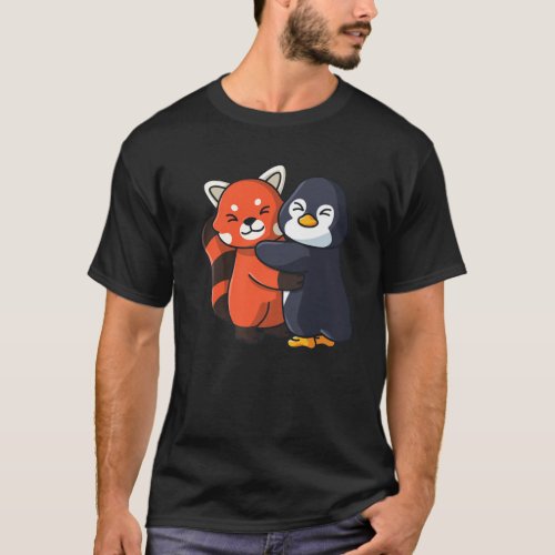 Red Panda And Penguin Cute Zoo Animals Hugging T_Shirt