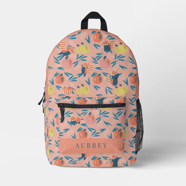 Red Panda & Apple Pattern Coral Pink Printed Backpack (Front)