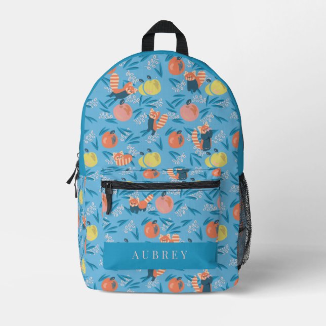Red Panda & Apple Pattern Sky Blue Printed Backpack (Front)