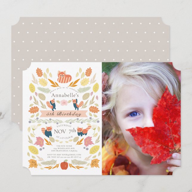Red Panda Autumn Foliage Photo Birthday Invitation (Front/Back)