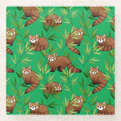Red Panda  Bamboo Leaves Pattern Glass Coaster