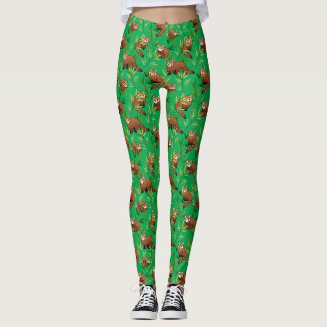Red Panda & Bamboo Leaves Pattern Leggings (Front)
