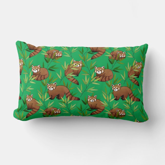 Red Panda & Bamboo Leaves Pattern Lumbar Pillow (Front)