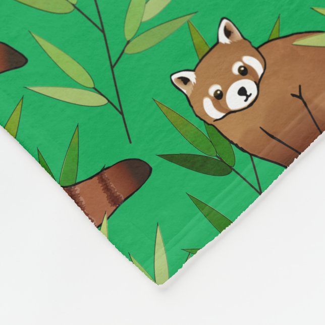 Red Panda & Bamboo Leaves Pattern & Monogram Fleece Blanket (Corner)
