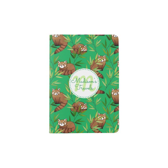 Red Panda & Bamboo Leaves Pattern & Monogram Passport Holder (Front)