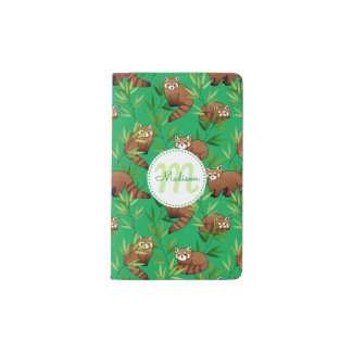 Red Panda & Bamboo Leaves Pattern & Monogram Pocket Moleskine Notebook