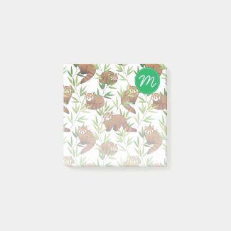 Red Panda & Bamboo Leaves Pattern & Monogram Post-it Notes