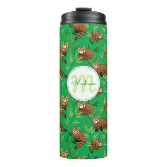 Red Panda & Bamboo Leaves Pattern & Monogram Thermal Tumbler