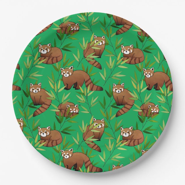 Red Panda & Bamboo Leaves Pattern Paper Plates (Front)