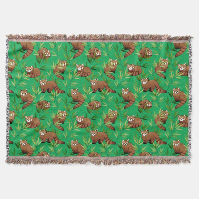 Red Panda & Bamboo Leaves Pattern Throw Blanket (Front)