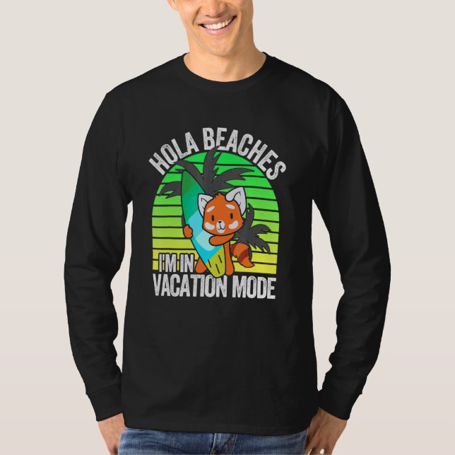 Red Panda Beach Vacation Mode Surfboard Summer Hol T-Shirt (Front)