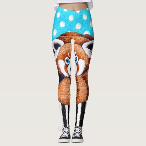 Red panda bear blue polka dot leggings