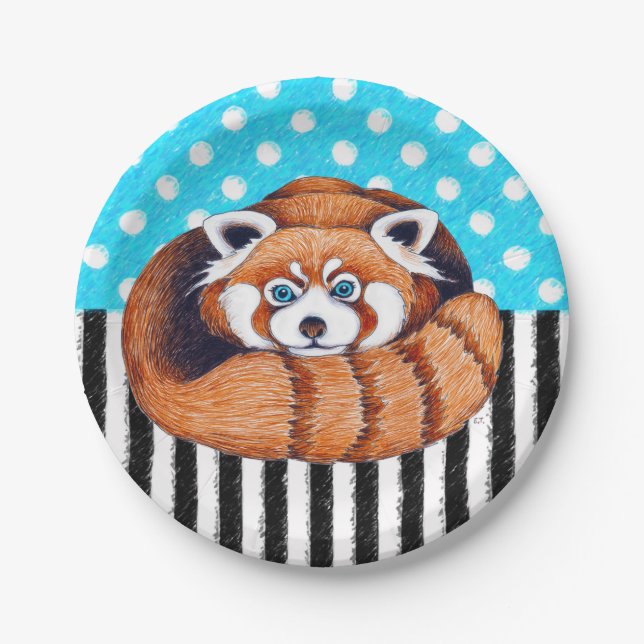 Red panda bear blue polka dot paper plates (Front)