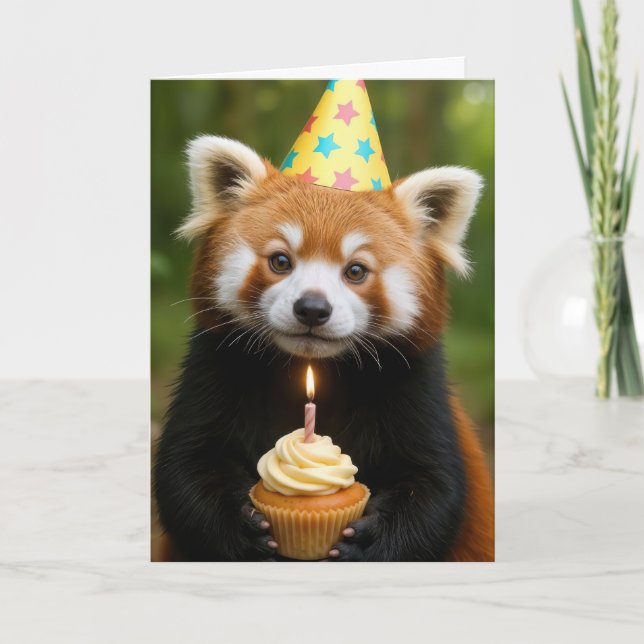 Red Panda Bear Holding a Birthday Cupcake Card (Front)
