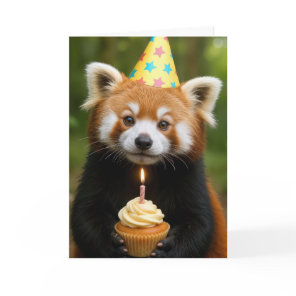 Red Panda Bear Holding a Birthday Cupcake Card