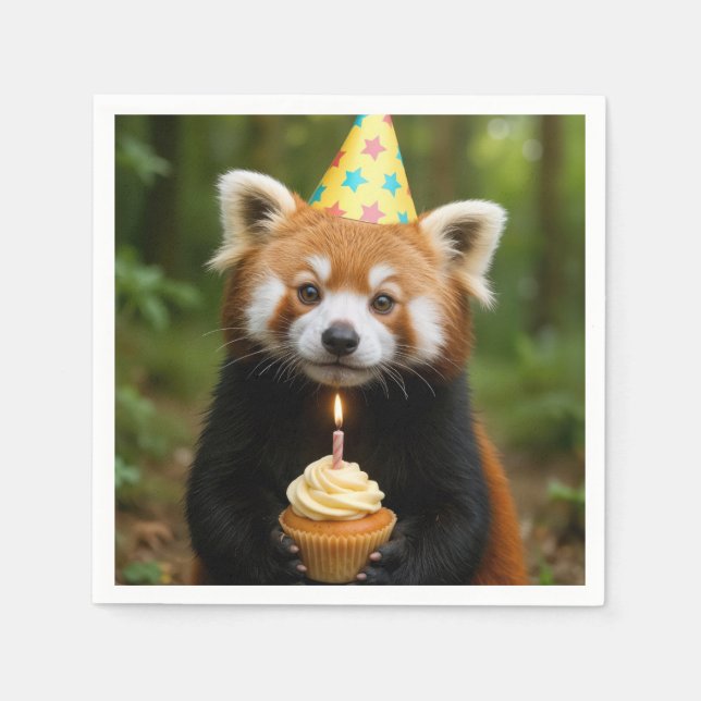 Red Panda Bear Holding a Birthday Cupcake Napkins (Front)