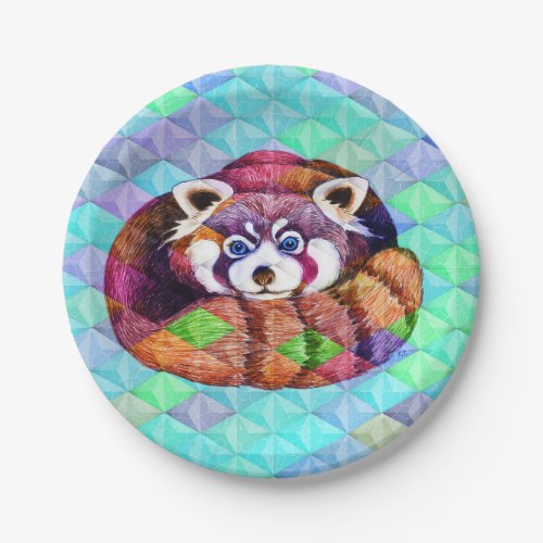 Red Panda bear on turquoise cubism Paper Plates