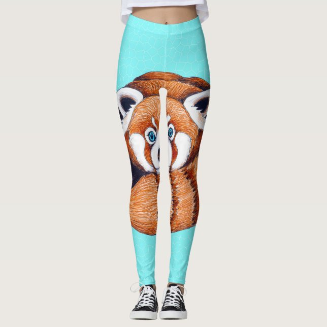 Red Panda bear on turquoise Leggings (Front)