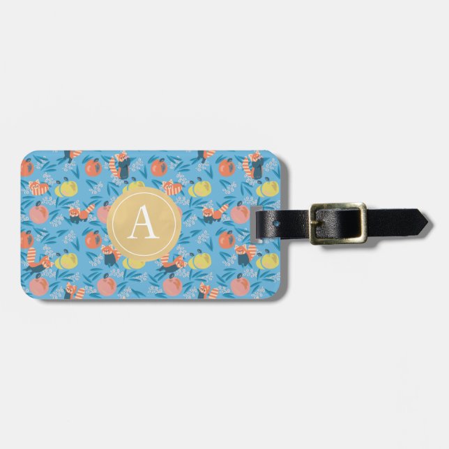 'Red Panda' Blue Apple Monogrammed Luggage Tag (Front Horizontal)