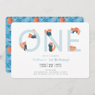 Red Panda Blue Boy 1st Birthday Invitation