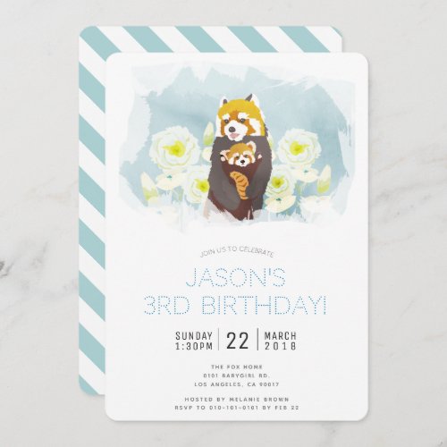 Red Panda Blue Floral Boy Birthday Invitation