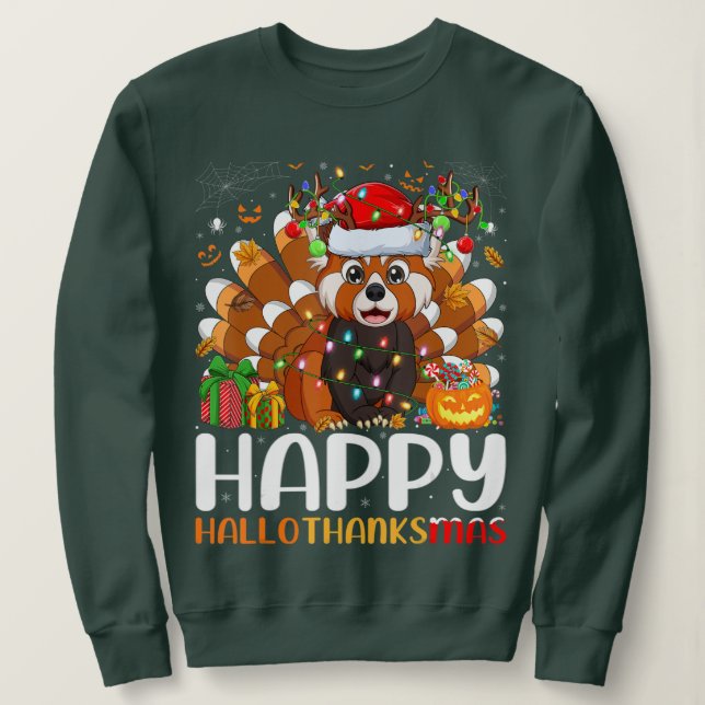 Red Panda Christmas Lights Santa Hat Pajamas Gift Sweatshirt (Design Front)